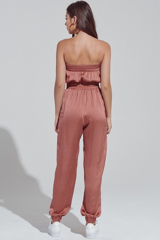 Elegant Strapless Terracotta Satin Tie-Up Cargo Jumpsuit