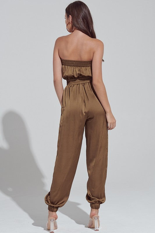 Elegant Strapless Olive Satin Tie-Up Cargo Jumpsuit