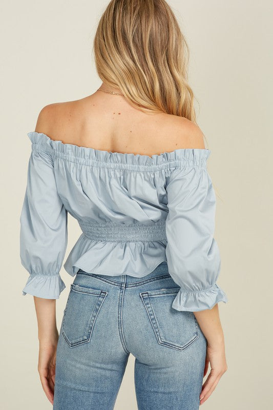 Elegant Off Shoulder Dusty Blue Front Tie-Up Top