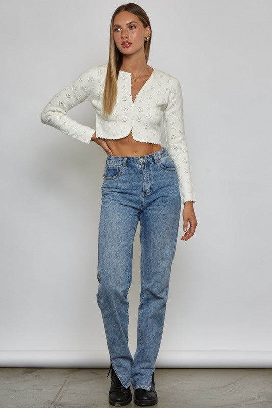 Elegant Off White Thread Detailed Crop Cardigan