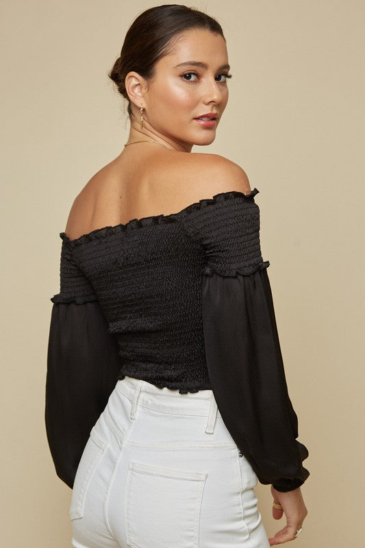 Elegant Off Shoulder Black Satin Overlap Elastic Crop Top with Long Sleeve