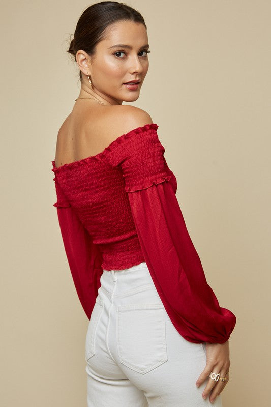 Elegant Off Shoulder Red Satin Overlap Elastic Crop Top with Long Sleeve