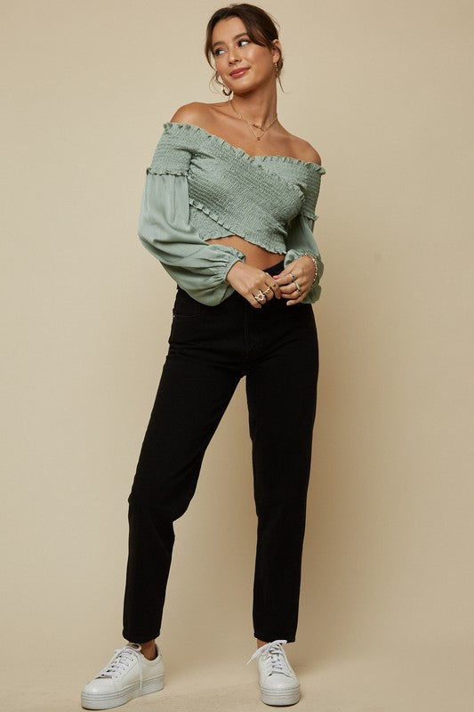 Elegant Off Shoulder Sage Satin Overlap Elastic Crop Top with Long Sleeve