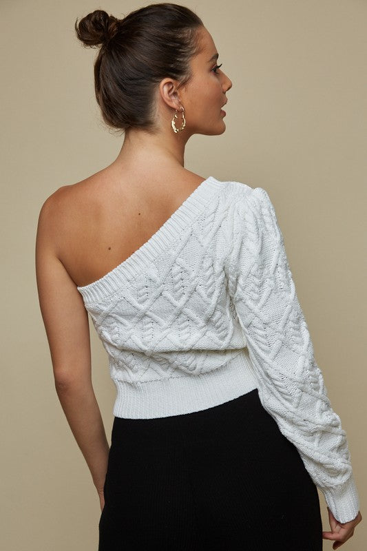 Elegant Off White One Shoulder Detailed Sweater