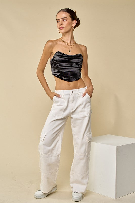 Elegant Black Satin Strapless Boning Detailed Corset Crop Top