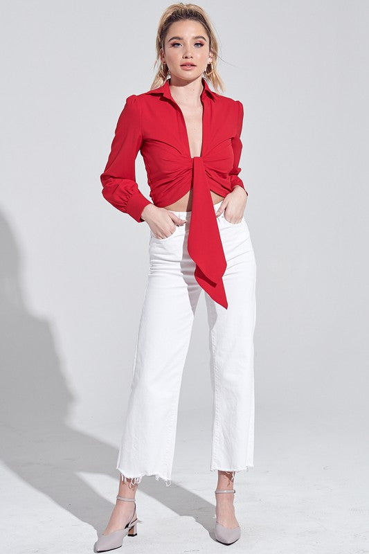 Fashion Red Deep Tie-Up Blouse