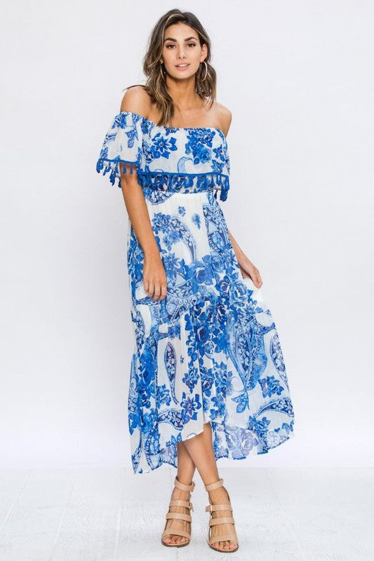 Fashion Off Shoulder Blue Floral Print Tassel Detailed Maxi Dress Fashion Off Shoulder Blue Floral Print Tassel Detailed Maxi Dress