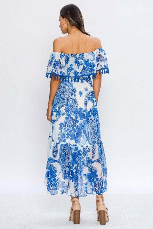 Fashion Off Shoulder Blue Floral Print Tassel Detailed Maxi Dress