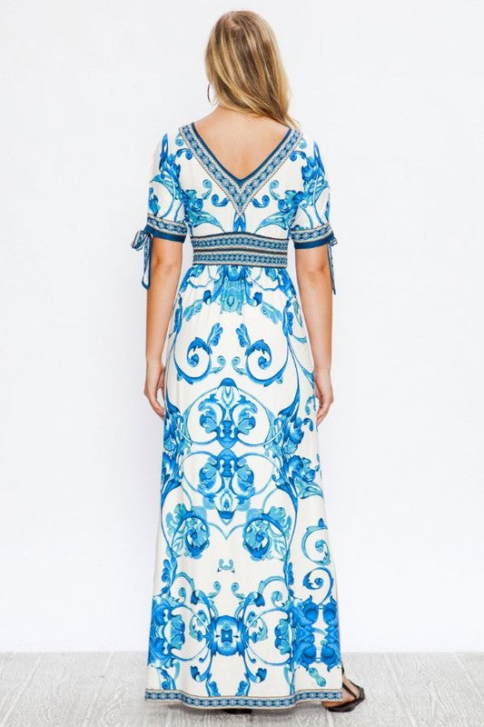 Fashion Blue Baroque Print V-Neck Maxi Dress