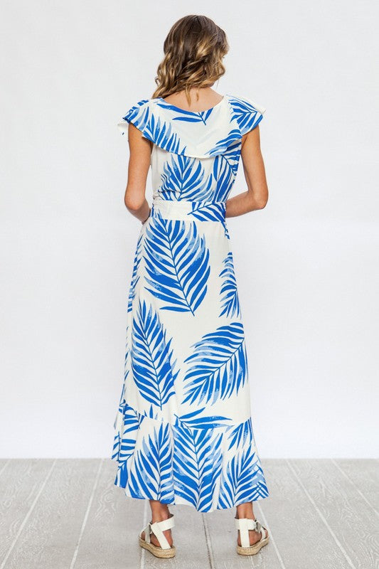 Fashion Blue Leaf Print Ruffle V-Neck Maxi Dress