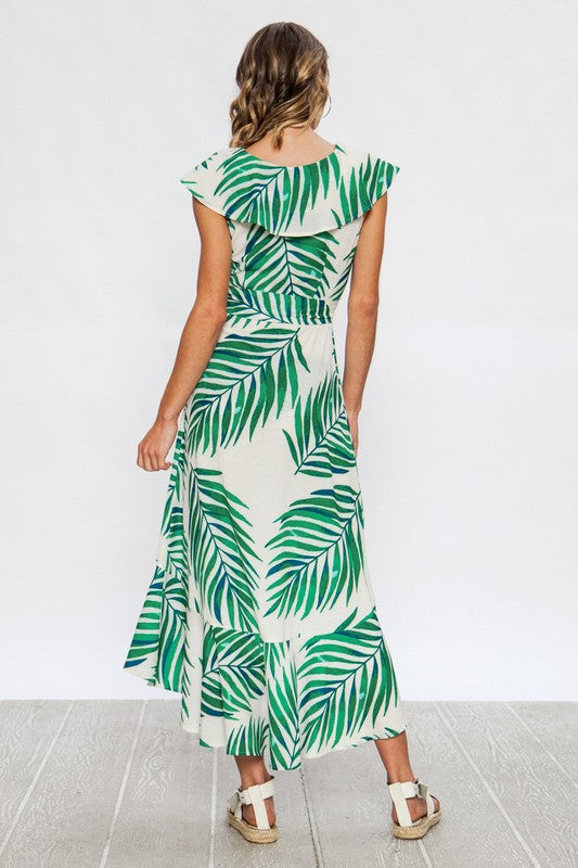 Fashion Green Leaf Print Ruffle V-Neck Maxi Dress