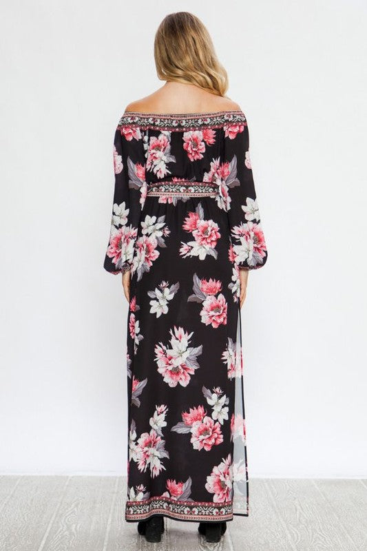 Fashion Off Shoulder Multi-Color Floral Print Tie-Up Black Maxi Dress with Long Sleeve