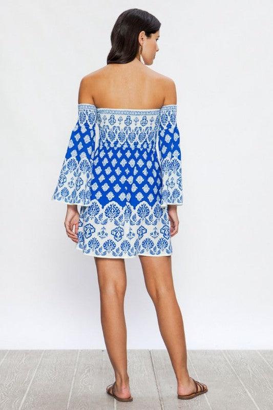 Fashion Strapless Elastic Blue Baroque Print Dress with Bell Sleeve