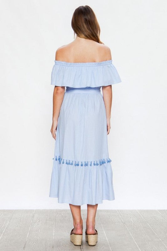 Fashion Summer Off Shoulder Light Blue Tie-Up Ruffle Tassel Maxi Dress