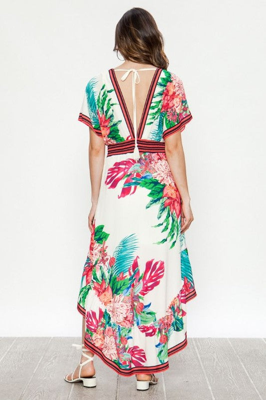 Fashion Ivory V-Neck Multi-Color Floral Print Maxi Dress
