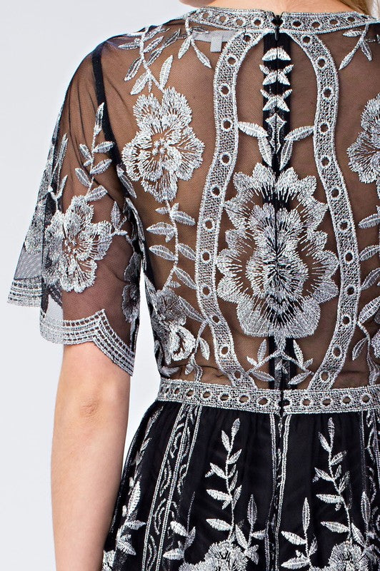 Elegant V-Neck Silver Floral Lace Black Maxi Romper