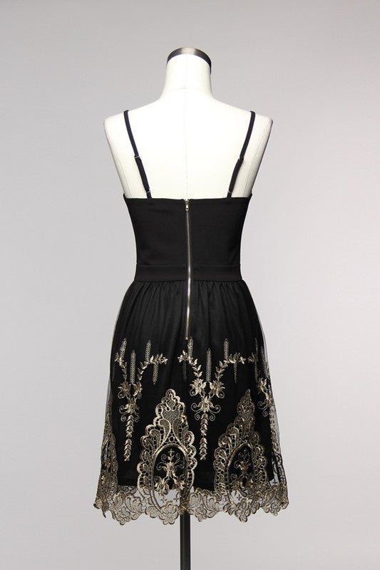 Elegant Gold Embroidery Black Cocktail Dress