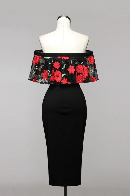 Elegant Off-Shoulder Red Floral Black Dress