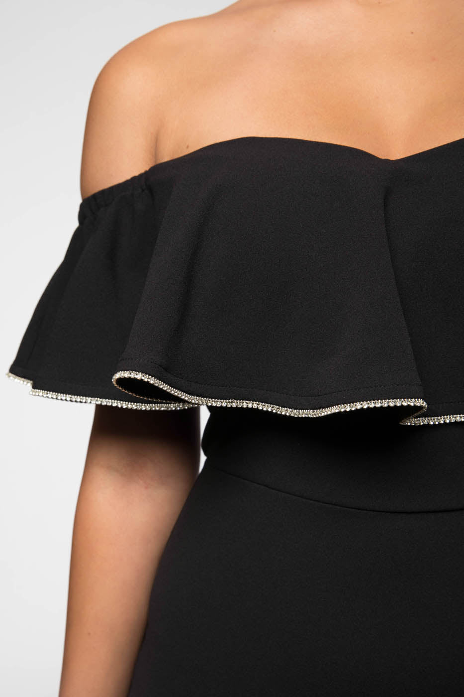 Elegant Off Shoulder Black Ruffle Crystal Detailed Dress