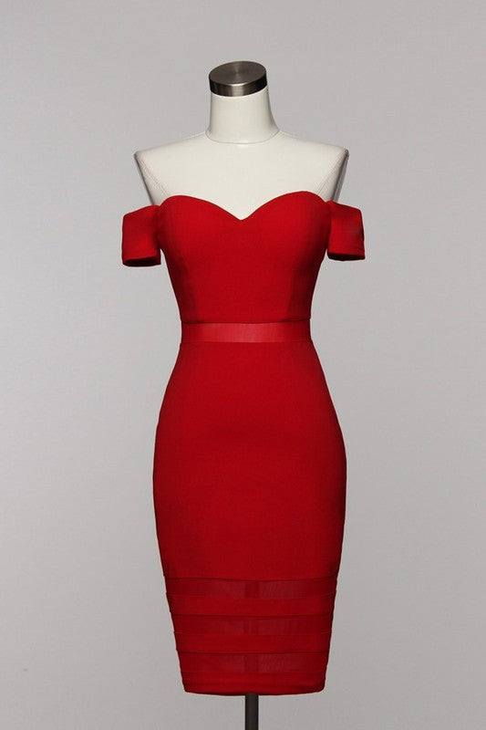 Elegant Off Shoulder Red Dress with Mesh Detail