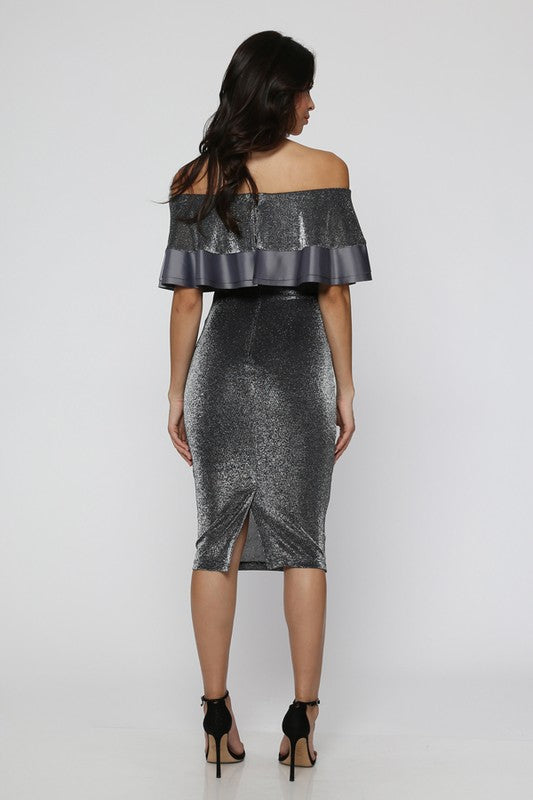 Elegant Off Shoulder Silver Ruffle Dress