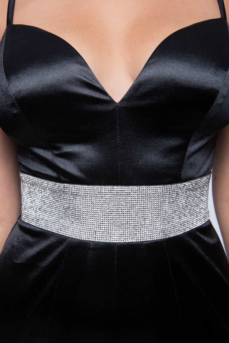 Elegant Strap V-Neck Crystal Black Satin Cut Out Jumpsuit
