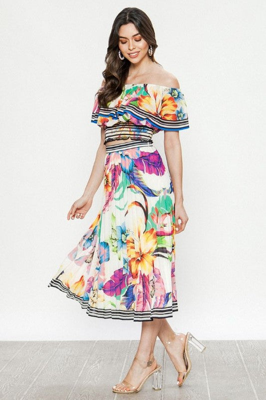 Fashion Ivory Multi-Color Floral Print Skirt