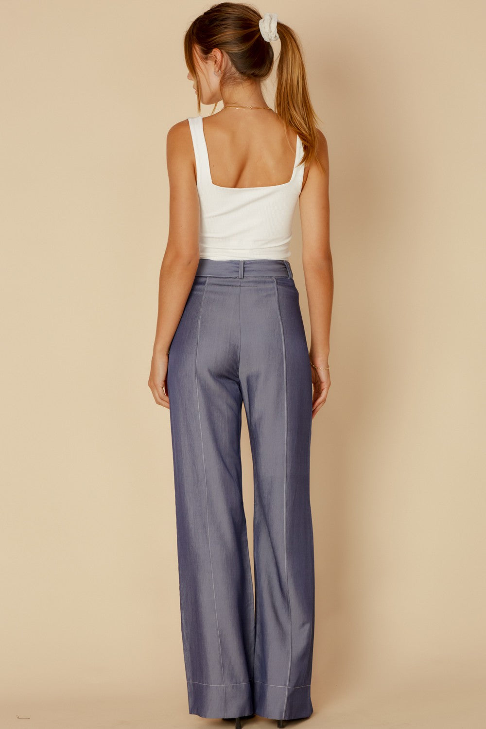 Elegant Navy Denim High Waisted Tie-Up Palazzo Pants