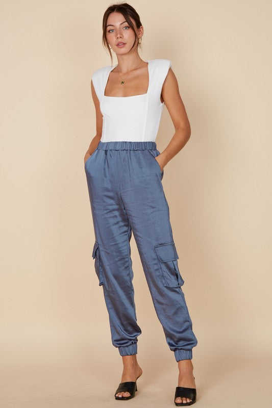 Elegant Blue Denim Satin Cargo Jogger Pants