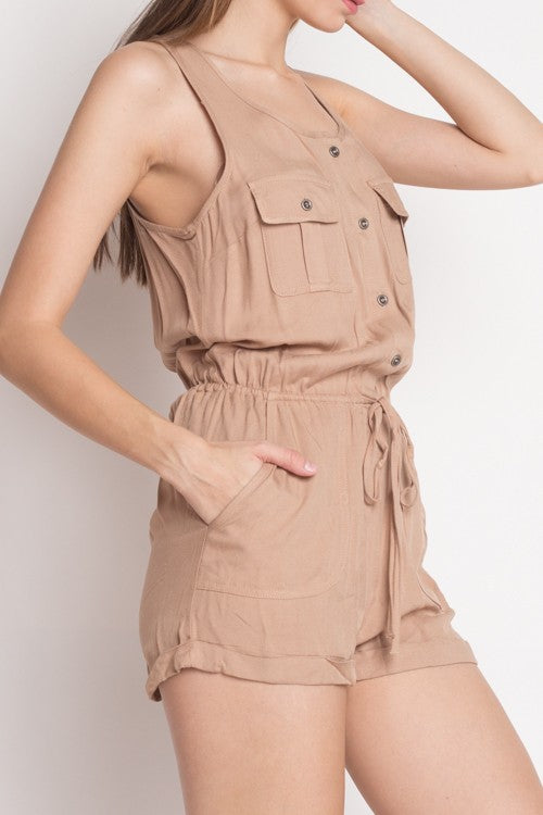 Casual Dark Beige Sleeveless Button Down Romper
