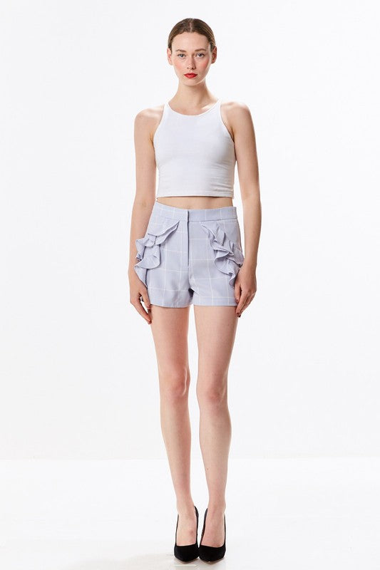 Elegant Blue Checkered Ruffle Shorts