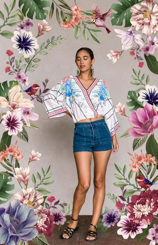 Fashion Crossed Multi-Color Floral Print Ivory Long Sleeve Top