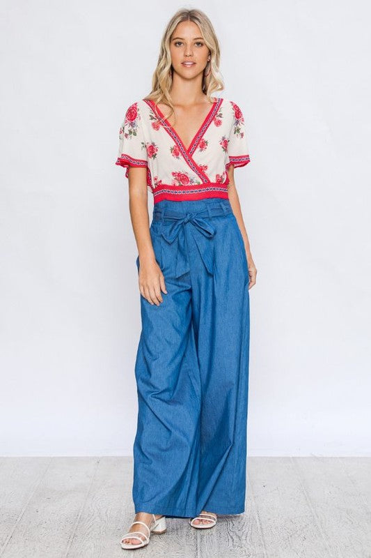 Fashion Red Floral Print Wrap Open Back Tie-Up Top