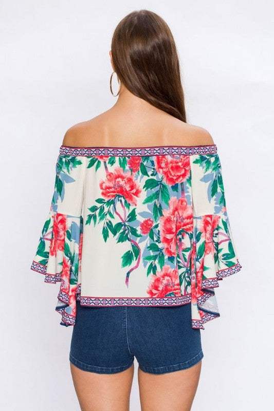 Fashion Off Shoulder Multi-Color Floral Print Ivory Top with Bell Sleeve