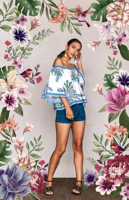Casual Off Shoulder Blue Floral Print Ivory Top with Bell Sleeve