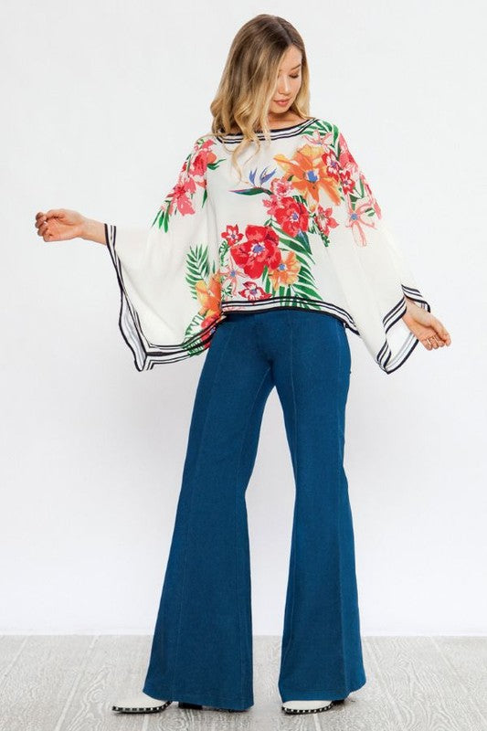 Fashion Ivory Multi-Color Floral Print Bell Sleeve Top
