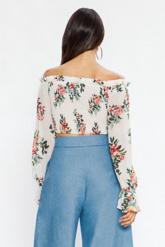 Fashion Off Shoulder Multi-Color Floral Print Ivory Crop Top with Long Sleeve