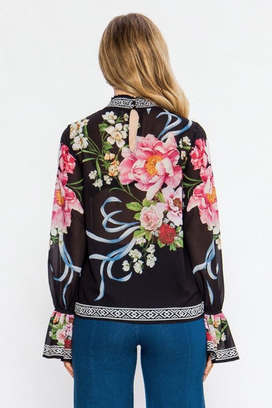 Elegant Floral Print High Neck Black Top with Bishop Sleeve