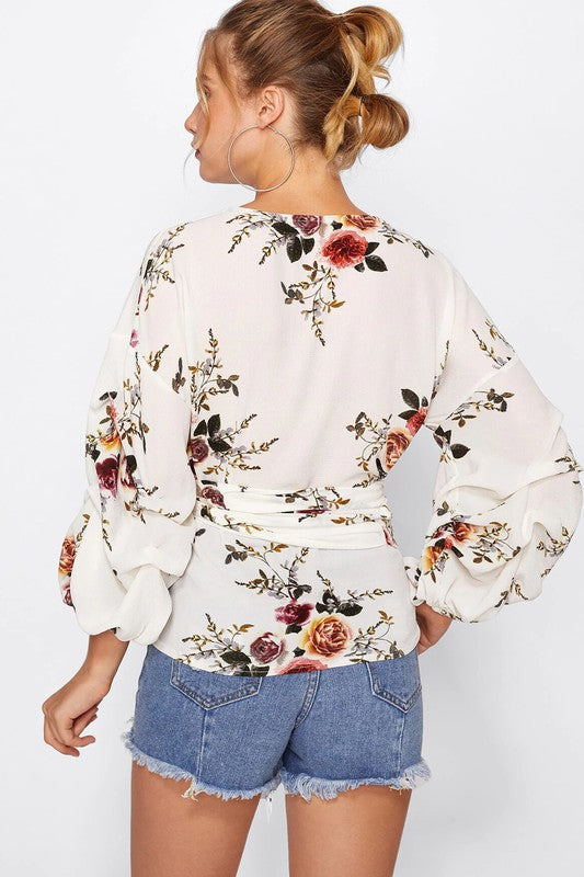 Elegant White Wrap Multi-Color Floral Print Blouse with Tie-Up Sleeve