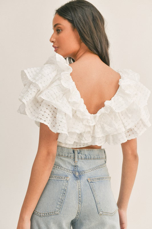 Fashion White Layered Ruffle V-Neck Crop Top