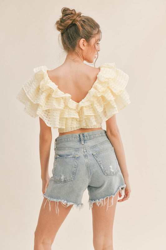 Fashion Light Yellow Layered Ruffle V-Neck Crop Top