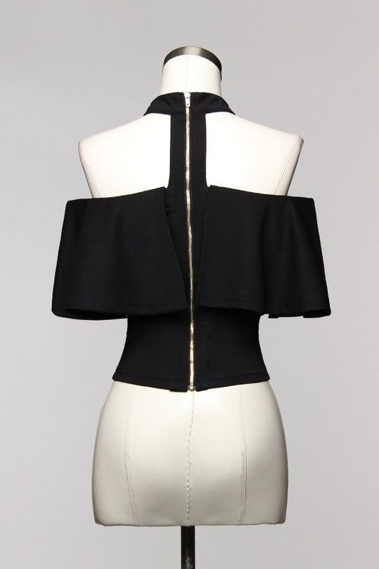 Elegant Ruffle Black Choker Off Shoulder Top