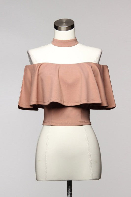 Elegant Ruffle Beige Choker Off Shoulder Top