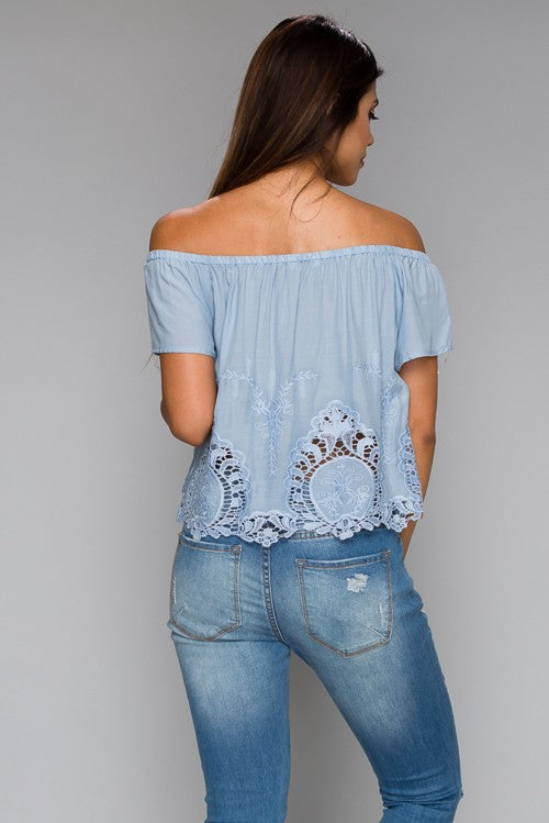 Fashion Off Shoulder Lace Detailed Blue Top