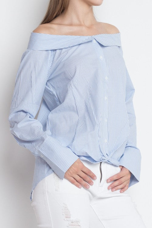 Fashion Off Shoulder Blue Marine Collar Shirt Top