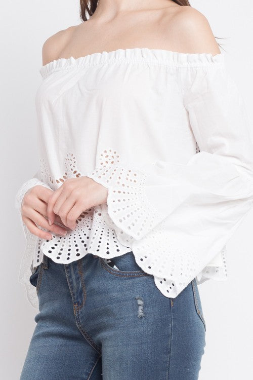 Elegant Off Shoulder White Lace Top with Long Sleeve
