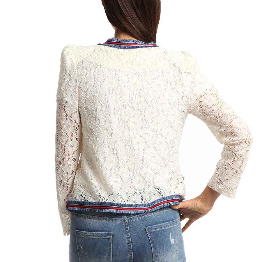 Elegant Ivory Textured Blue Red Detail Jacket