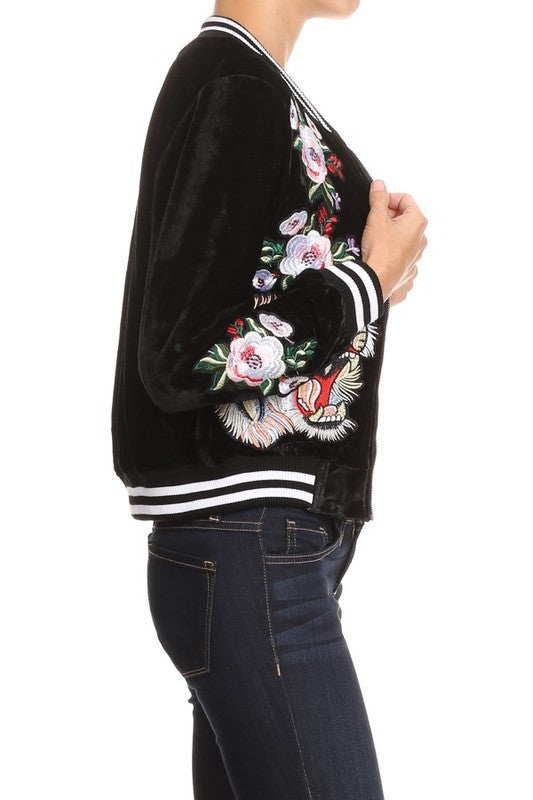 Fashion Tiger Embroidery Black Bomber Jacket