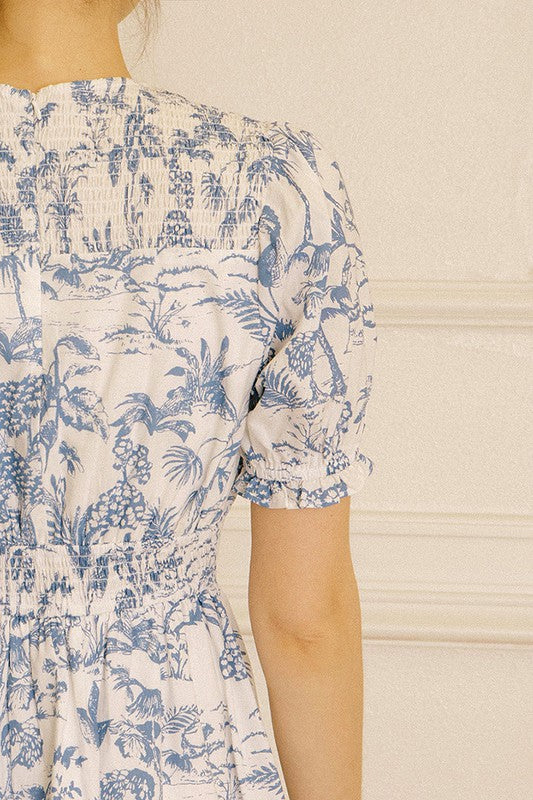 Elegant White Blue Floral Print Puffy Ruffle Elastic Mini Dress