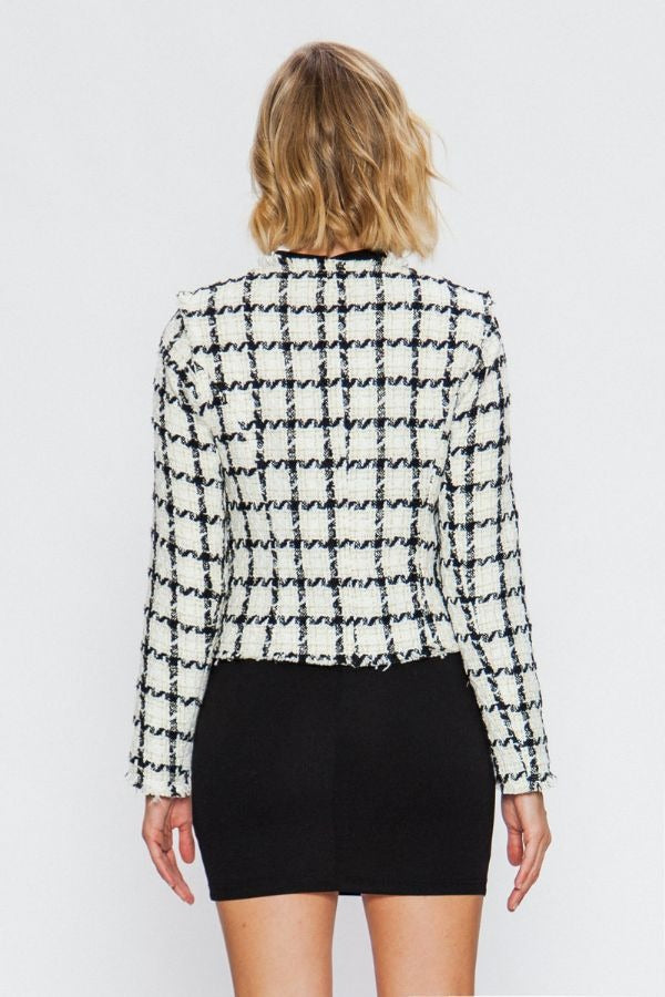 Elegant Off White Checkered Textured with Pearl Detail Jacket